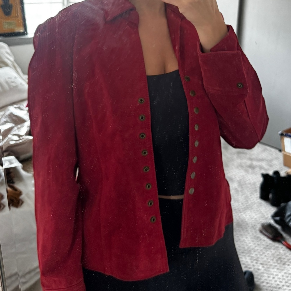 100% Leather Vintage Red Suede Button Up Jacket